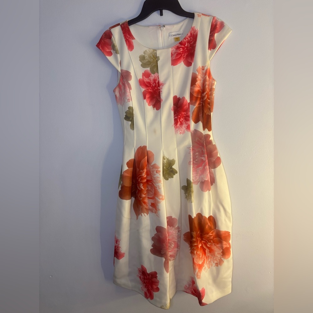 Calvin Klein Floral Midi Dress - Red and Orange Blooms